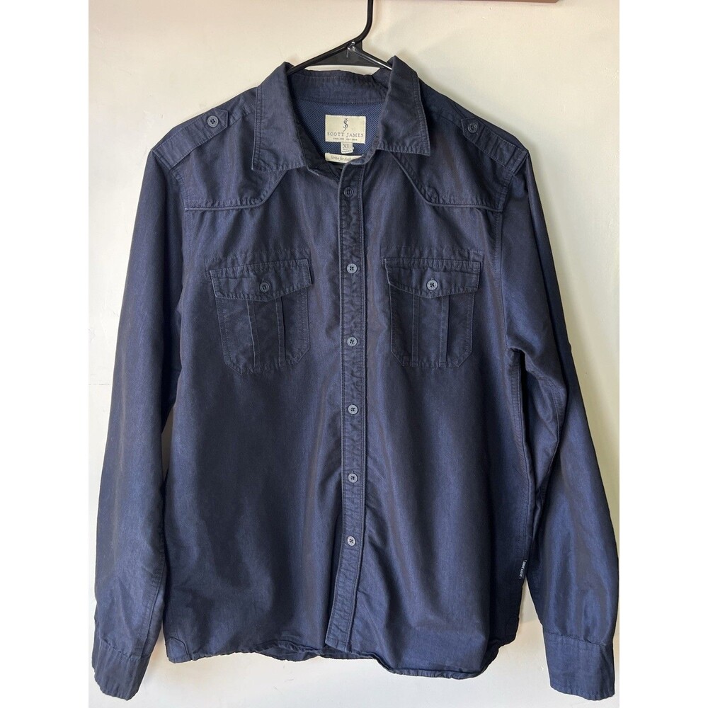 Scott James Cotton Polyester Blue Solid Long Sleeve Button-Up Shirt Men XL